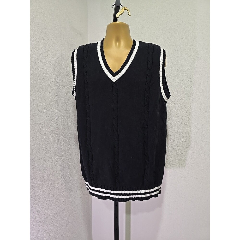 Black Cable Knit Cotton Sweater Vest Mens XL Preppy Golf Tennis Academia Varsity